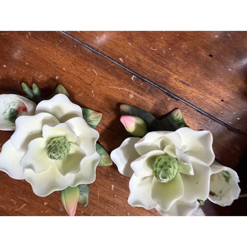 Vintage Porcelain Magnolia Flower Figurines Set of 2 White Bisque Floral Decor